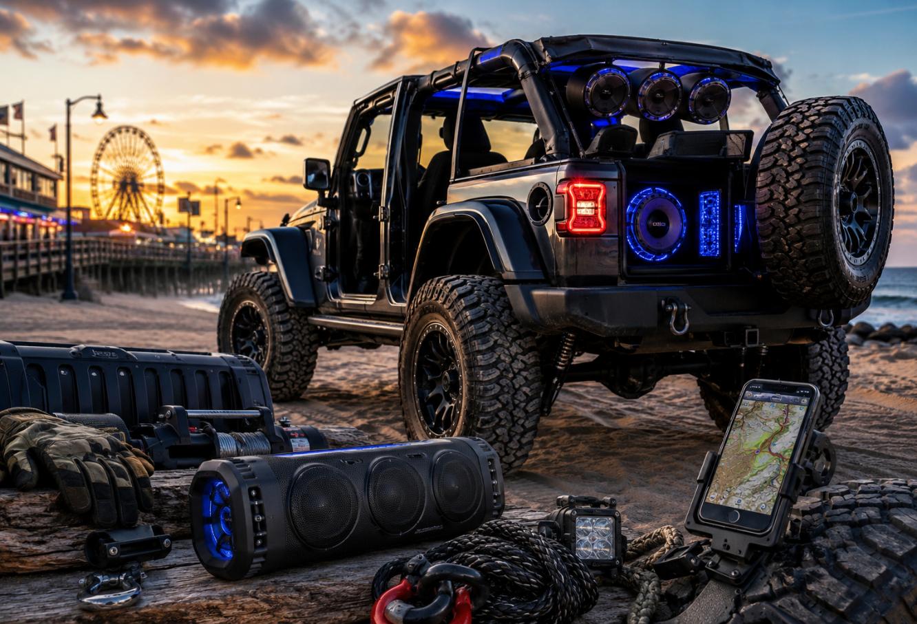 Beach Jeep Audio At Sunset