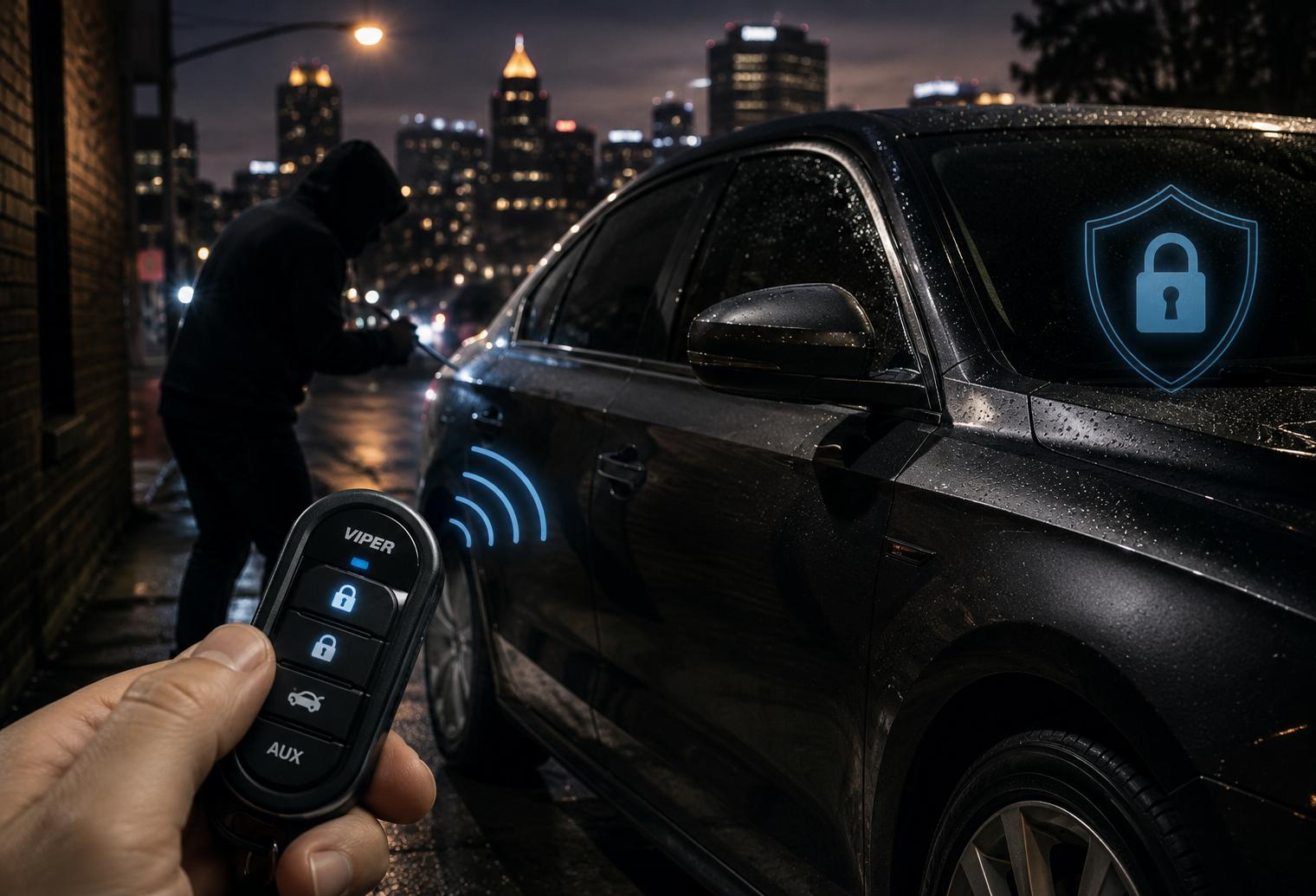 Viper car security system protecting a vehicle from theft on a rainy Baltimore street at night.